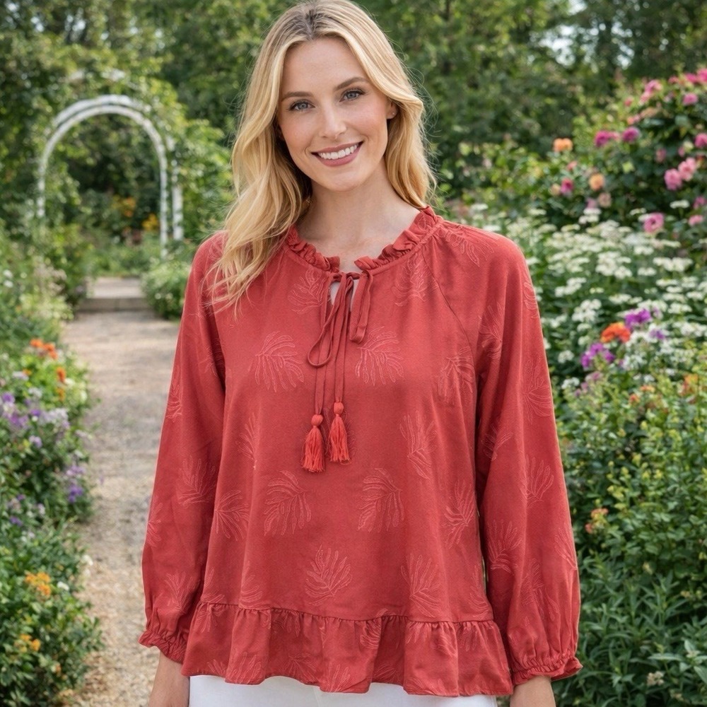 NEW Downeast Floral‎ Embroidered Coral Color Peasant Blouse Boho Milkmaid XS